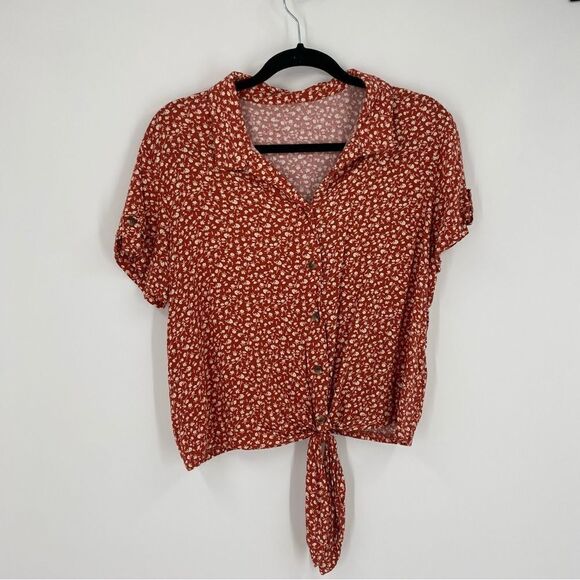 Xhiliration Juniors’ Short Sleeve Button Front Floral Boxy Cut Blouse size L Jrs - Picture 1 of 3